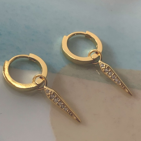NWT 18K Gold Plated, 925 Sterling Silver Huggie Hoop Dangling Sword Earrings - Picture 3 of 12